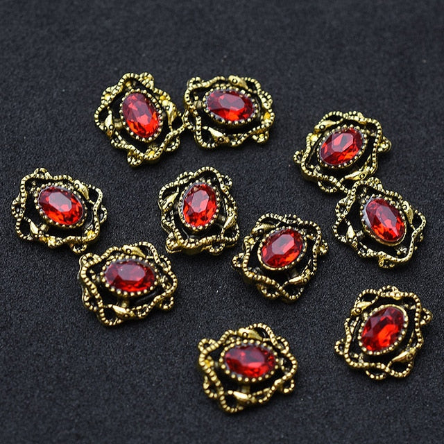 10pcs Gold 3D Red Gems Crystal Bright Nail Rhinestone Alloy Nail Art Decorations Glitter DIY Nails Accessories Supplies TOP