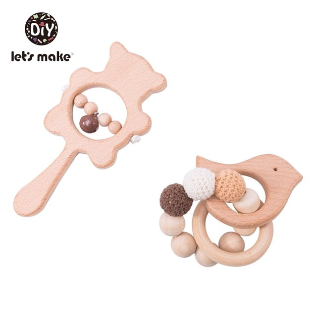 Let's Make 2PCS/Set Bed Bell Baby Toys Teether Wooden Rattles Bracelet Pacifier Chain Rodent Beading Beech Musical Newborn Toys
