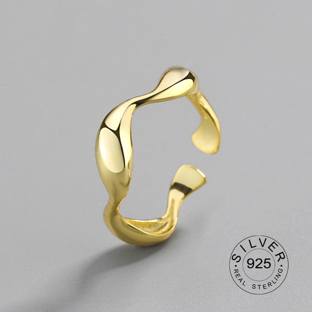 100% 925 Sterling Silver Open Ring for Women INS Minimalist Irregular Wave Pattern Gold Color Jewelry Bijoux Birthday