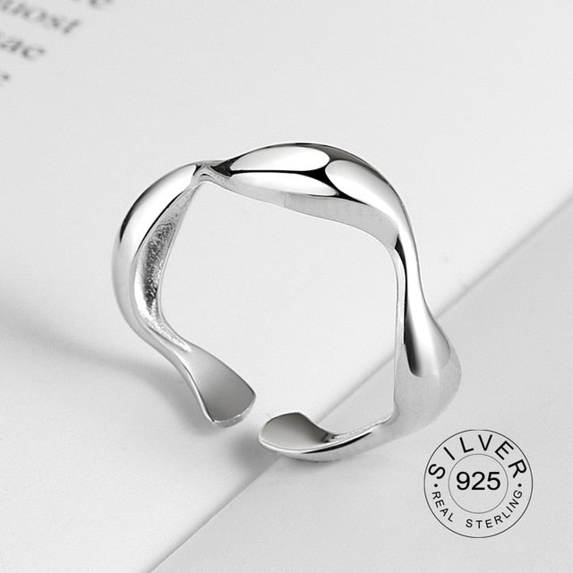 100% 925 Sterling Silver Open Ring for Women INS Minimalist Irregular Wave Pattern Gold Color Jewelry Bijoux Birthday