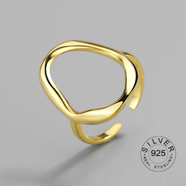 100% 925 Sterling Silver Open Ring for Women INS Minimalist Irregular Wave Pattern Gold Color Jewelry Bijoux Birthday