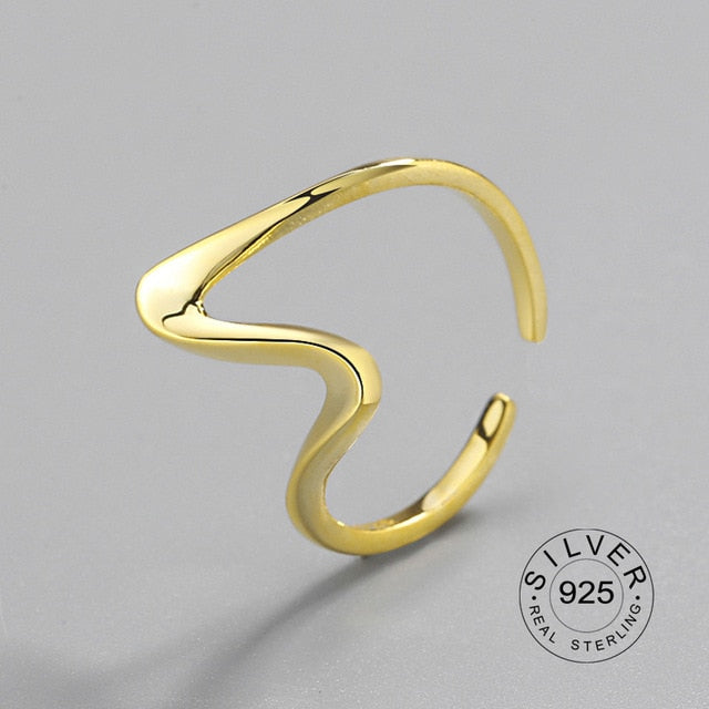 100% 925 Sterling Silver Open Ring for Women INS Minimalist Irregular Wave Pattern Gold Color Jewelry Bijoux Birthday