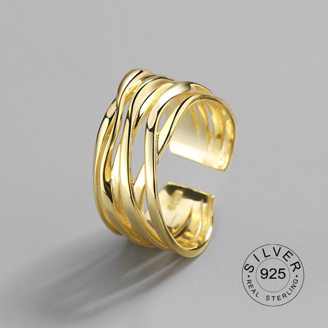 100% 925 Sterling Silver Open Ring for Women INS Minimalist Irregular Wave Pattern Gold Color Jewelry Bijoux Birthday