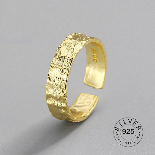 100% 925 Sterling Silver Open Ring for Women INS Minimalist Irregular Wave Pattern Gold Color Jewelry Bijoux Birthday