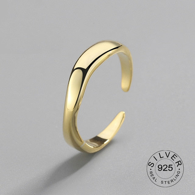 100% 925 Sterling Silver Open Ring for Women INS Minimalist Irregular Wave Pattern Gold Color Jewelry Bijoux Birthday