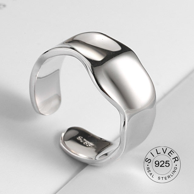 100% 925 Sterling Silver Open Ring for Women INS Minimalist Irregular Wave Pattern Gold Color Jewelry Bijoux Birthday