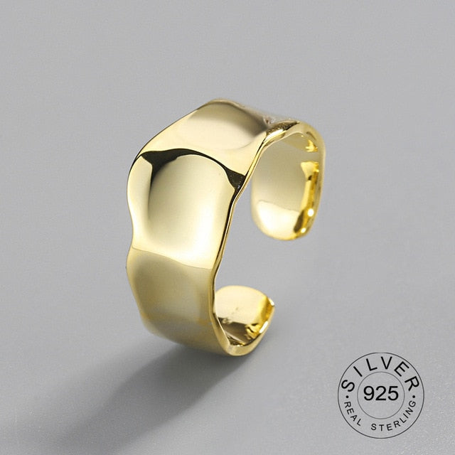 100% 925 Sterling Silver Open Ring for Women INS Minimalist Irregular Wave Pattern Gold Color Jewelry Bijoux Birthday