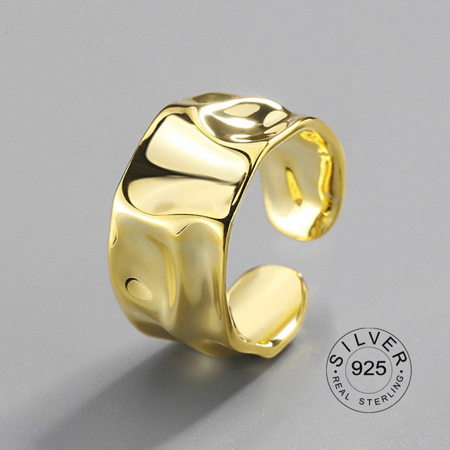100% 925 Sterling Silver Open Ring for Women INS Minimalist Irregular Wave Pattern Gold Color Jewelry Bijoux Birthday