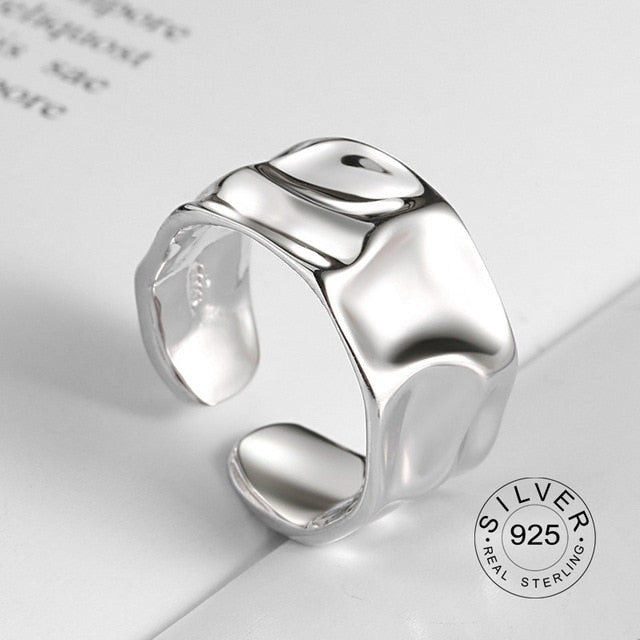 100% 925 Sterling Silver Open Ring for Women INS Minimalist Irregular Wave Pattern Gold Color Jewelry Bijoux Birthday