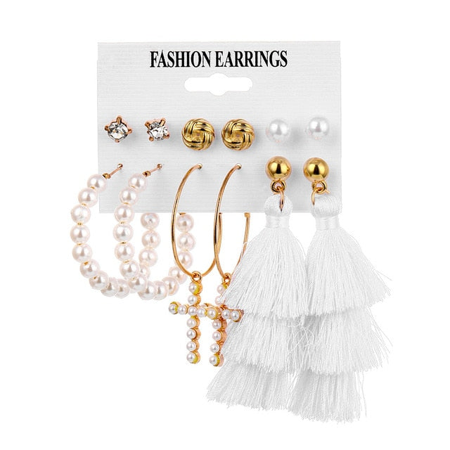 Fashion Women's Earrings Set Pearl Crystal Stud Earrings For Women 2020 Boho Geometric Round Flower Tassel Earrings Punk Jewelry