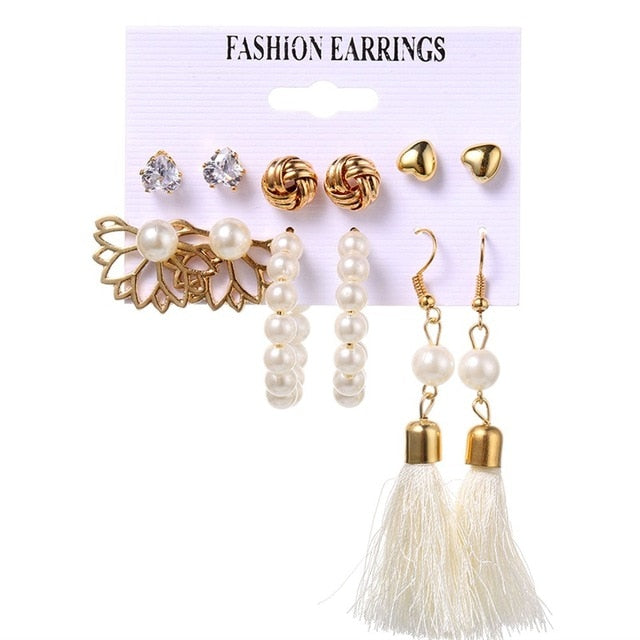 Fashion Women's Earrings Set Pearl Crystal Stud Earrings For Women 2020 Boho Geometric Round Flower Tassel Earrings Punk Jewelry