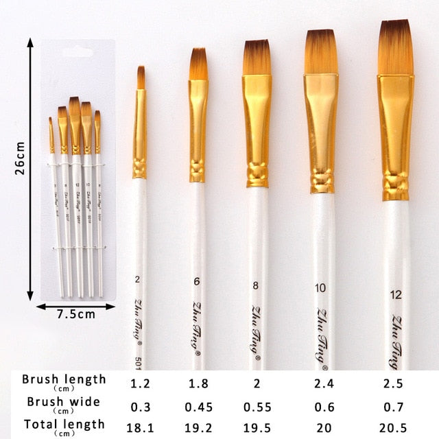Artist Paint Brush Set 5Pcs High Quality Nylon Hair Wood Black Handle Watercolor Acrylic Oil Brush Painting Art Supplies
