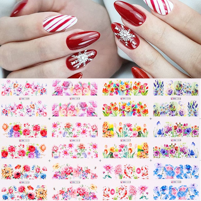 12 Designs Nail Stickers Set Mixed Floral Geometric Nail Art Water Transfer Decals Sliders Flower Leaves Manicures Decoration