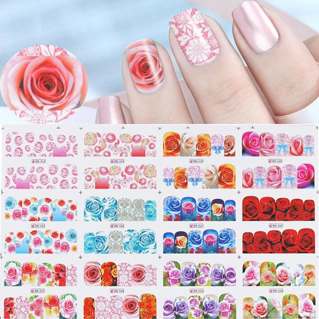 12 Designs Nail Stickers Set Mixed Floral Geometric Nail Art Water Transfer Decals Sliders Flower Leaves Manicures Decoration