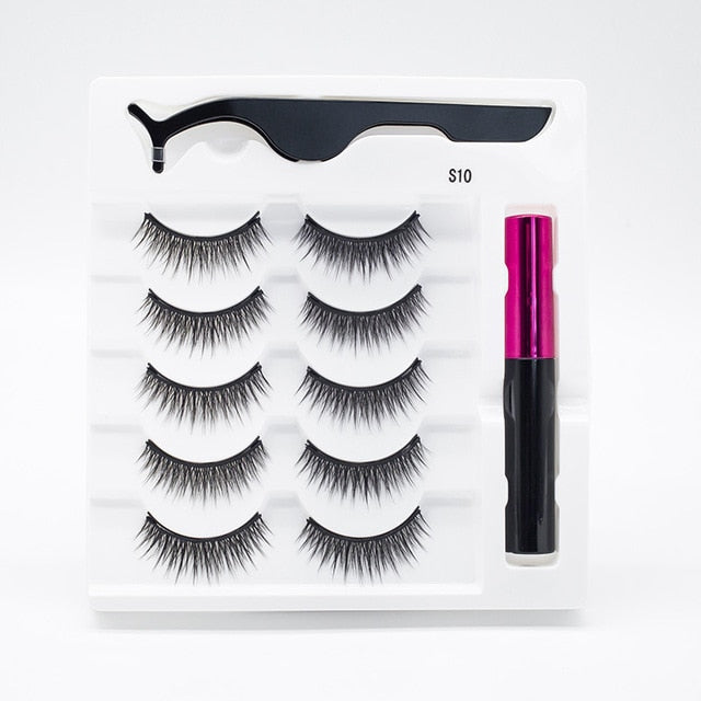 5 Pairs/Set Magnetic Eyelashes False Lashes Repeated Use Eyelashes Waterproof Liquid Eyeliner With Tweezer Makeup Set