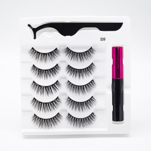 5 Pairs/Set Magnetic Eyelashes False Lashes Repeated Use Eyelashes Waterproof Liquid Eyeliner With Tweezer Makeup Set