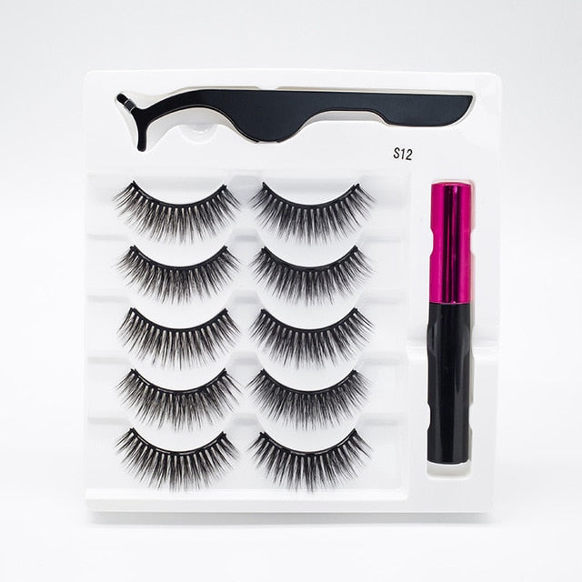 5 Pairs/Set Magnetic Eyelashes False Lashes Repeated Use Eyelashes Waterproof Liquid Eyeliner With Tweezer Makeup Set
