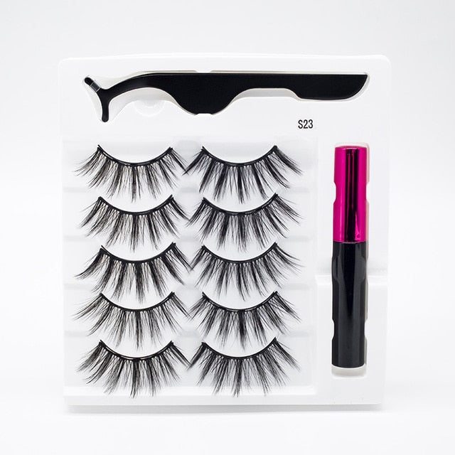 5 Pairs/Set Magnetic Eyelashes False Lashes Repeated Use Eyelashes Waterproof Liquid Eyeliner With Tweezer Makeup Set