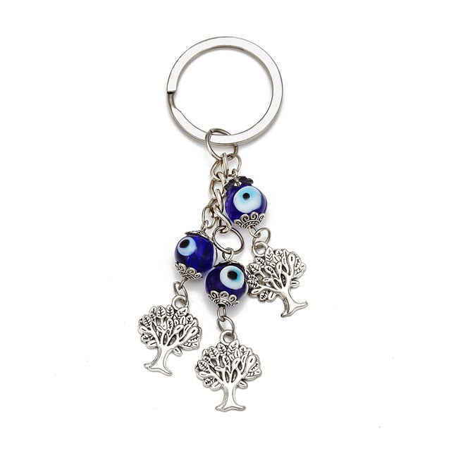 LUCKY EYE Tree Fatima Hamsa Hand Evil Eye Pendant Keychain Silver Color Ring Key Chain Car Keyring for Women Men Jewelry BE29
