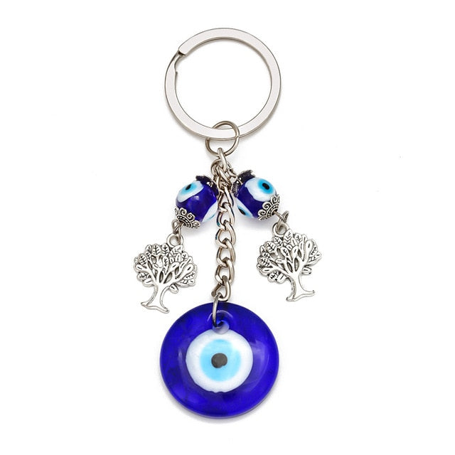 LUCKY EYE Tree Fatima Hamsa Hand Evil Eye Pendant Keychain Silver Color Ring Key Chain Car Keyring for Women Men Jewelry BE29