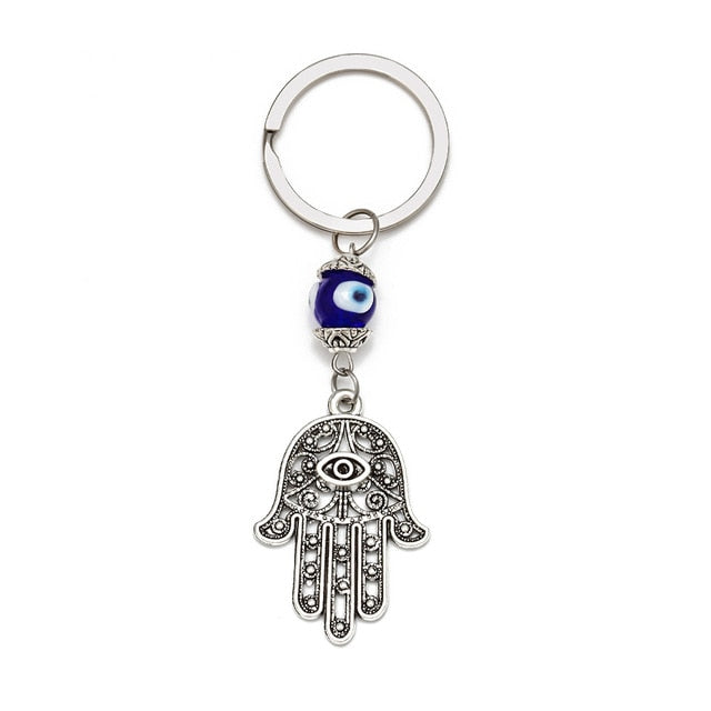 LUCKY EYE Tree Fatima Hamsa Hand Evil Eye Pendant Keychain Silver Color Ring Key Chain Car Keyring for Women Men Jewelry BE29
