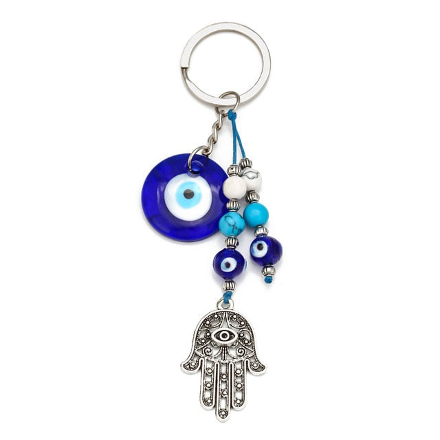 LUCKY EYE Tree Fatima Hamsa Hand Evil Eye Pendant Keychain Silver Color Ring Key Chain Car Keyring for Women Men Jewelry BE29