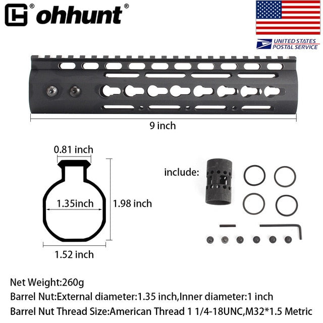SHIP FROM USA Ohhunt Slim Style 7" 9" 10" 12" 13.5" 15" AR15 Free Float Keymod Handguard Picatinny Rail with Steel Barrel Nut