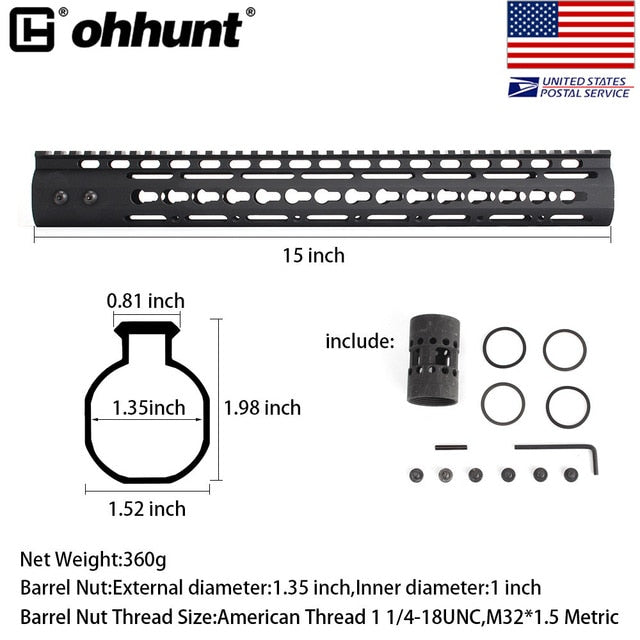 SHIP FROM USA Ohhunt Slim Style 7" 9" 10" 12" 13.5" 15" AR15 Free Float Keymod Handguard Picatinny Rail with Steel Barrel Nut