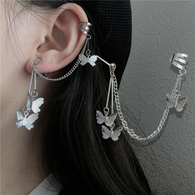 New Fashion Punk Butterfly Clip Earring for Teens Women Men Ear Cuffs Zinc Alloy Cool Jewelry Vintage Retro Chain Earings Metal
