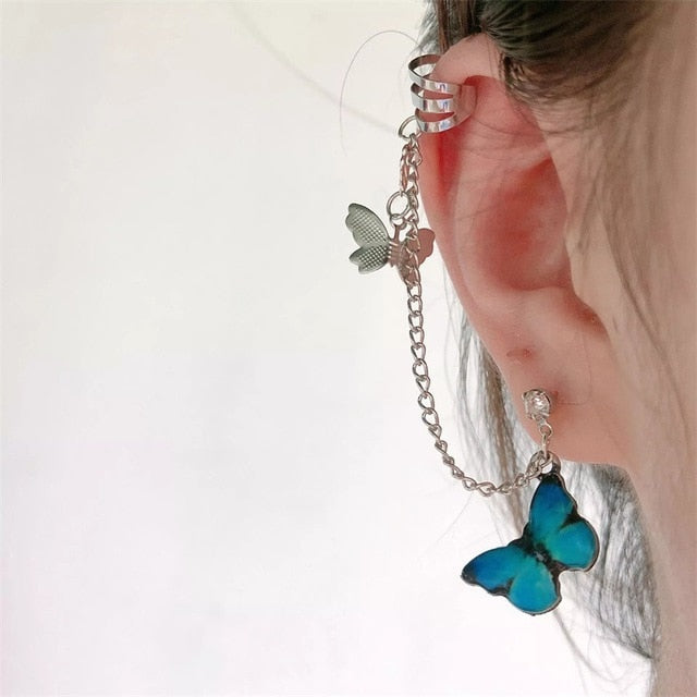 New Fashion Punk Butterfly Clip Earring for Teens Women Men Ear Cuffs Zinc Alloy Cool Jewelry Vintage Retro Chain Earings Metal