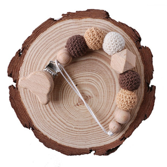 1PC Baby Pacifier Chain Elephant Wooden Clip Geometric Crochet Beads Bag Wood Teether Tiny Rod Dummy Clips Baby Pacifier Holder