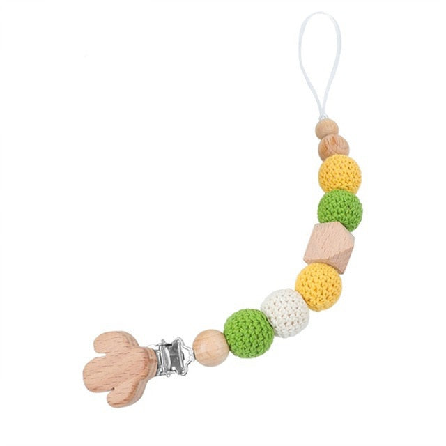 1PC Baby Pacifier Chain Elephant Wooden Clip Geometric Crochet Beads Bag Wood Teether Tiny Rod Dummy Clips Baby Pacifier Holder
