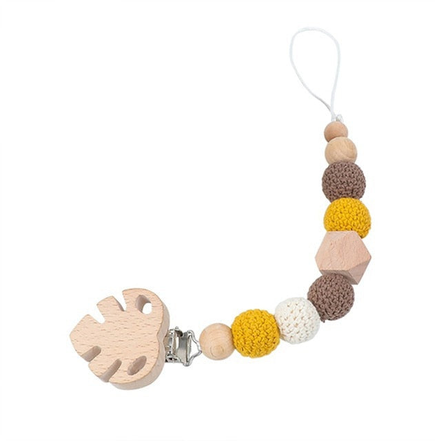 1PC Baby Pacifier Chain Elephant Wooden Clip Geometric Crochet Beads Bag Wood Teether Tiny Rod Dummy Clips Baby Pacifier Holder