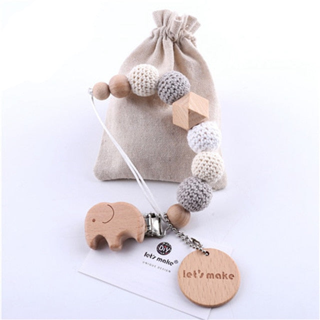 1PC Baby Pacifier Chain Elephant Wooden Clip Geometric Crochet Beads Bag Wood Teether Tiny Rod Dummy Clips Baby Pacifier Holder