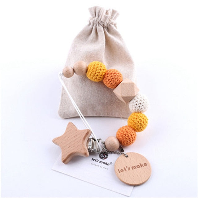 1PC Baby Pacifier Chain Elephant Wooden Clip Geometric Crochet Beads Bag Wood Teether Tiny Rod Dummy Clips Baby Pacifier Holder