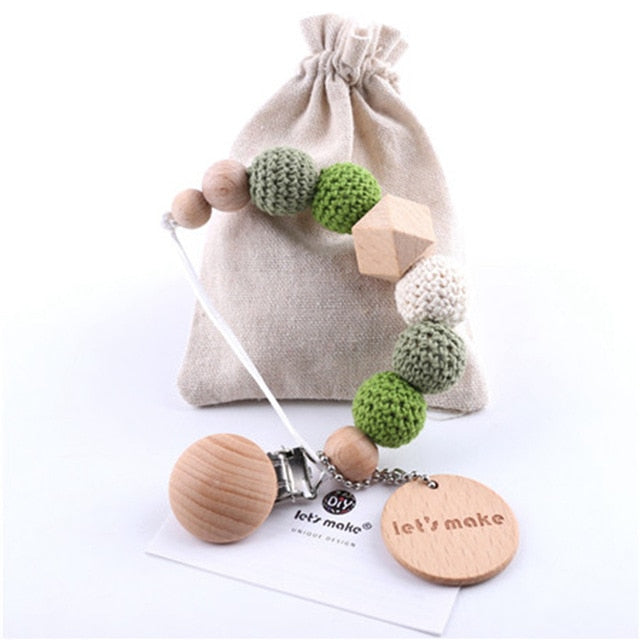 1PC Baby Pacifier Chain Elephant Wooden Clip Geometric Crochet Beads Bag Wood Teether Tiny Rod Dummy Clips Baby Pacifier Holder