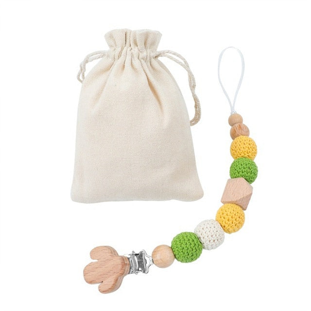 1PC Baby Pacifier Chain Elephant Wooden Clip Geometric Crochet Beads Bag Wood Teether Tiny Rod Dummy Clips Baby Pacifier Holder