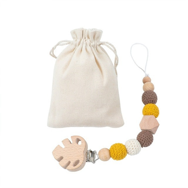 1PC Baby Pacifier Chain Elephant Wooden Clip Geometric Crochet Beads Bag Wood Teether Tiny Rod Dummy Clips Baby Pacifier Holder
