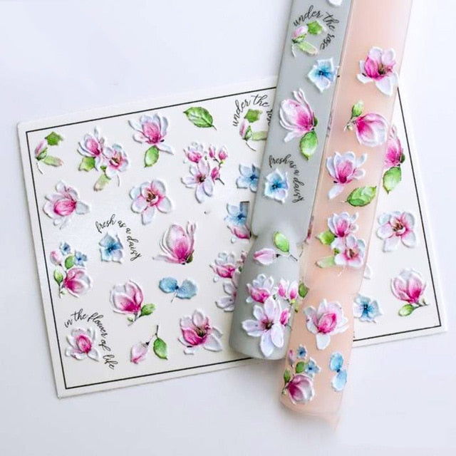 1pc 3D Acrylic Engraved Nail Sticker Embossed White&Pink Color Flower Water Decals Empaistic Nail Water Slide Decals Z0342