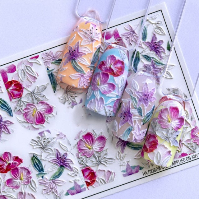 1pc 3D Acrylic Engraved Nail Sticker Embossed White&Pink Color Flower Water Decals Empaistic Nail Water Slide Decals Z0342