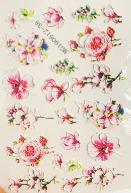 1pc 3D Acrylic Engraved Nail Sticker Embossed White&Pink Color Flower Water Decals Empaistic Nail Water Slide Decals Z0342