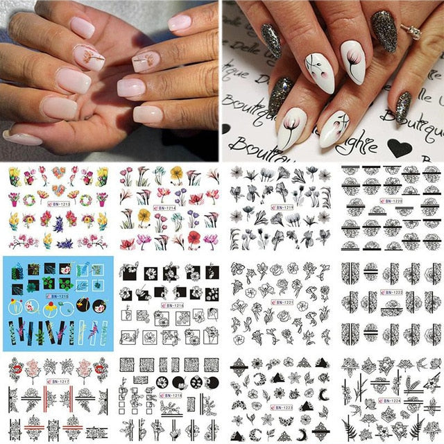12 Designs Nail Stickers Set Mixed Floral Geometric Nail Art Water Transfer Decals Sliders Flower Leaves Manicures Decoration