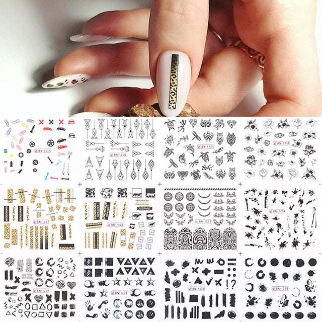 12 Designs Nail Stickers Set Mixed Floral Geometric Nail Art Water Transfer Decals Sliders Flower Leaves Manicures Decoration