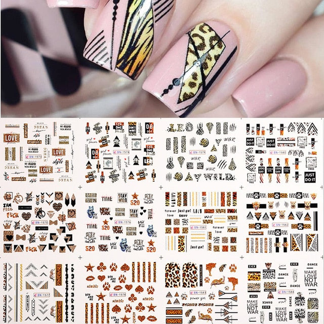 12 Designs Nail Stickers Set Mixed Floral Geometric Nail Art Water Transfer Decals Sliders Flower Leaves Manicures Decoration