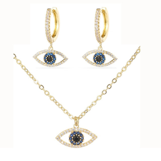 Fashion Cubic Zircon Tiger Eye Pendant Earrings And Necklace Set Blue Cz Eye Choker Necklace For Women Lucky Jewelry 2020