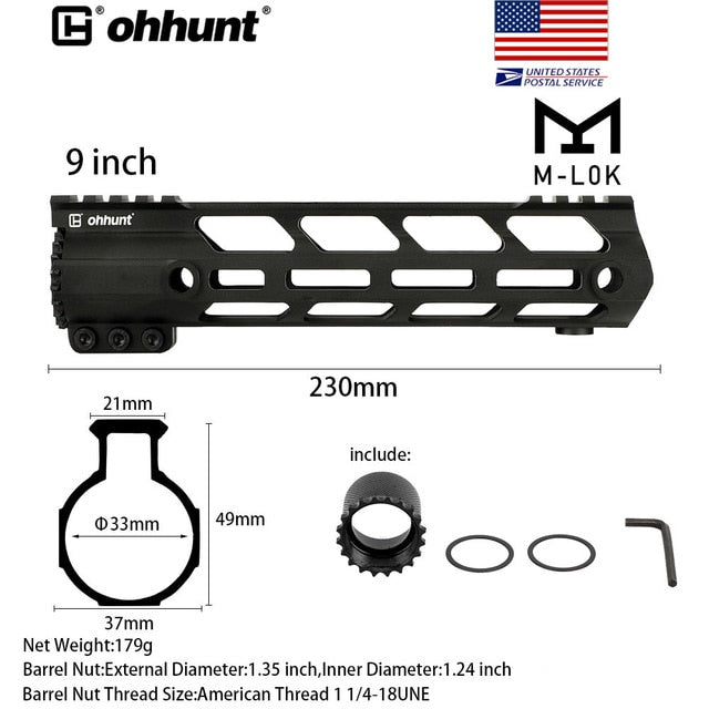 SHIP FROM USA ohhunt 4" 7" 9" 10" 12" 13.5" 15" AR15 Free Float M-LOK Handguard Picatinny Rail Slim Style Steel Barrel Nut