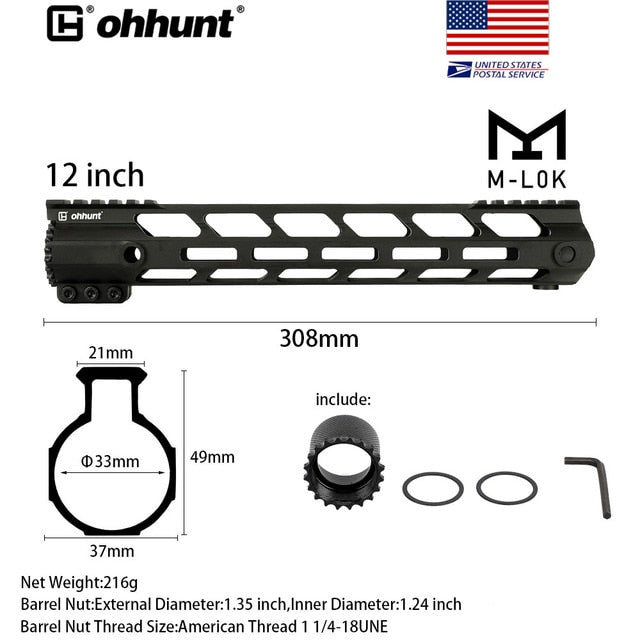 SHIP FROM USA ohhunt 4" 7" 9" 10" 12" 13.5" 15" AR15 Free Float M-LOK Handguard Picatinny Rail Slim Style Steel Barrel Nut