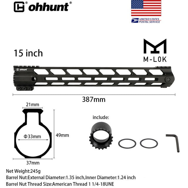 SHIP FROM USA ohhunt 4" 7" 9" 10" 12" 13.5" 15" AR15 Free Float M-LOK Handguard Picatinny Rail Slim Style Steel Barrel Nut