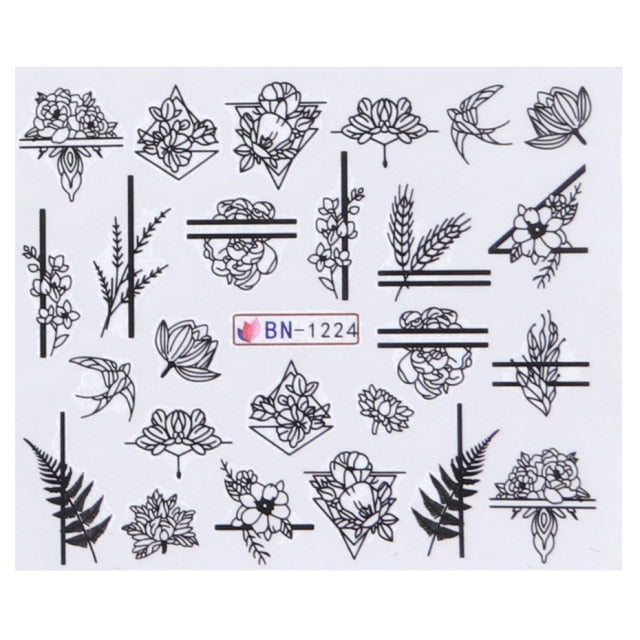 Abstract Lady Face Nail Decals Water Black Leaf Sliders Paper Nail Art Decor Gel Polish Sticker Manicure Foils CHSTZ1018-1033