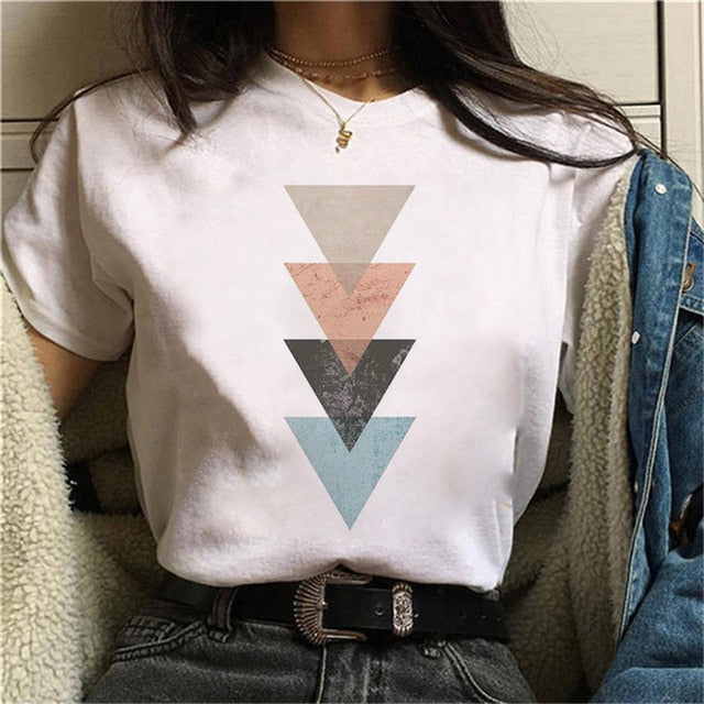 Beautiful geometry printed t shirt women 90s Graphic T-shirt Harajuku Tops Tee Cute Short Sleeve animal tshirt Female Tshirts
